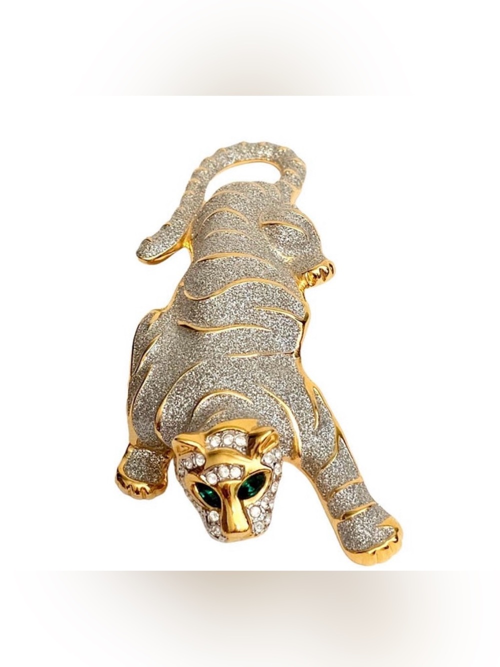 Vintage Ciro Gold Tone Cubic Zirconia Dusted Panther Green Eyes Brooch Pin
